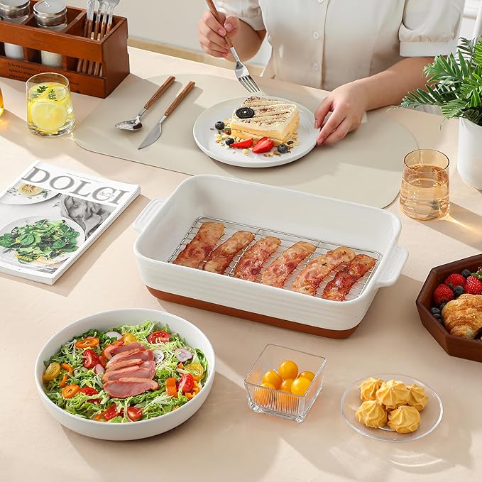 MALACASA Baking Dish with Rack, 4.8 Qt Ceramic Roasting Pan with Stainless Steel Drip Rack, 9x13 Inch Deep Casserole Dish with Handles, Oven Safe Lasagna Pan for Baking & Serving (Khaki & White) - Series Tara