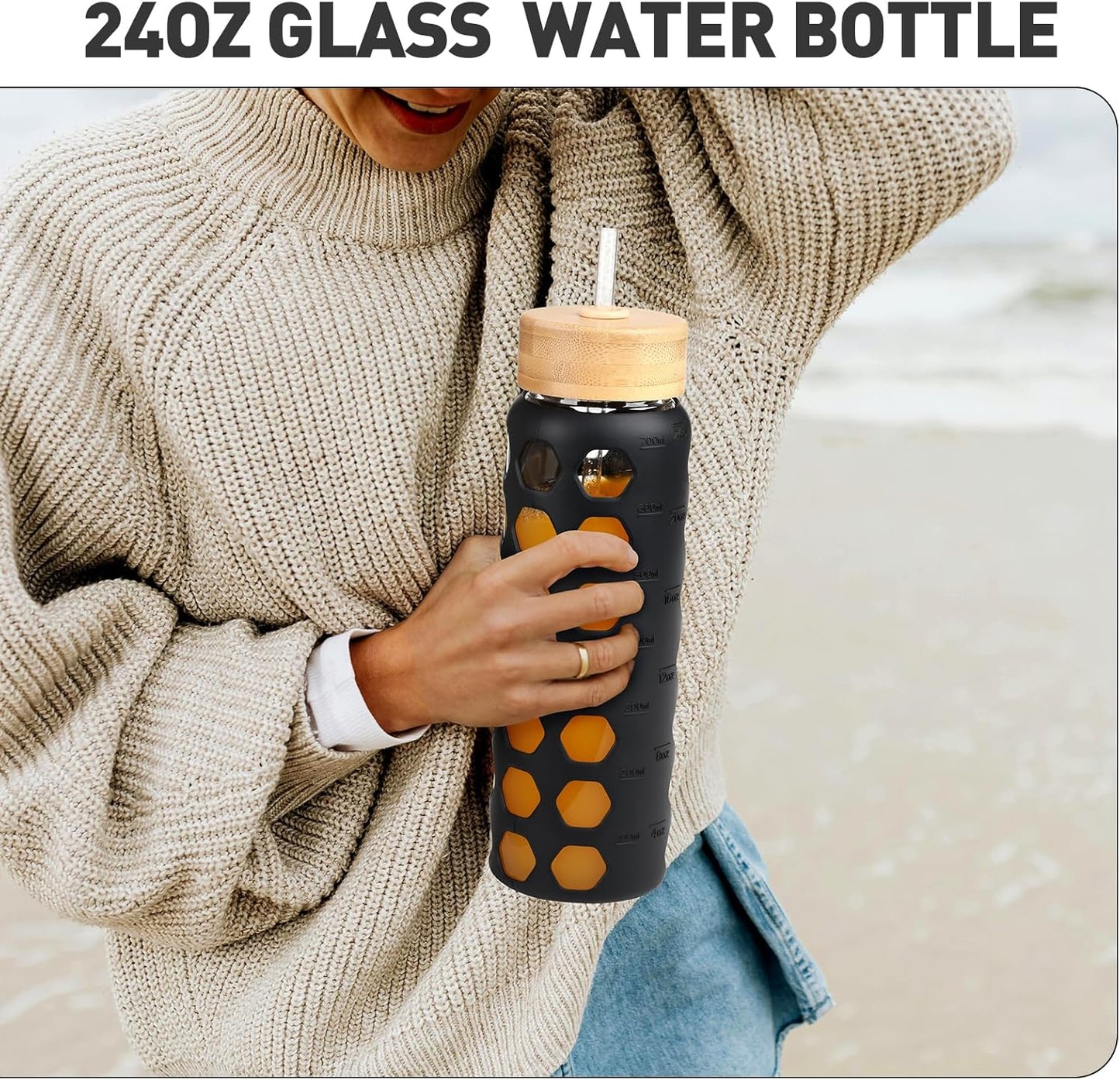 MUKOKO Glass Water Bottles, 24oz Glass Tumbler with Straw, Drinking Bottles with 2 Lids-Handle Spout Lid&Bamboo Straw Lid, Motivational Water Bottle with Time Marker and Silicone Sleeve, 1 Pack-Black