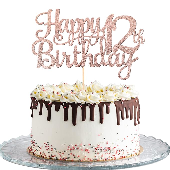 1 PCS Happy 12th Birthday Cake Topper Glitter Cheers to 12 Years Birthday Cake Pick 12 Fabulous Cake Decoration for Happy 13th Birthday Theme Party Decorations Supplies Rose Gold