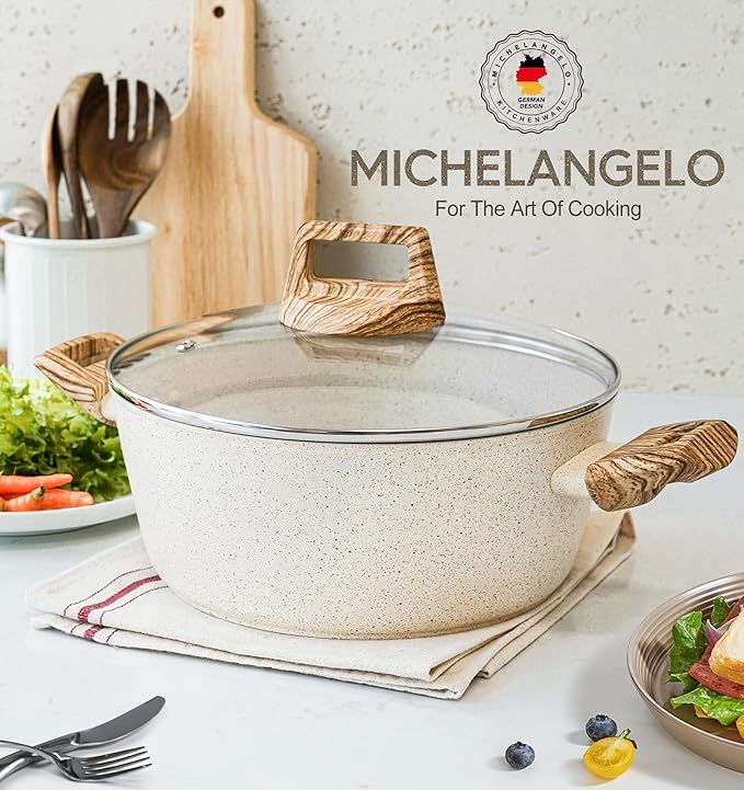 MICHELANGELO 4.3 Quart Nonstick Soup Pot with Lid, Non-Toxic Granite Coating, Induction Compatible, Non Stick Pot for Cooking with Stay-cool Handles, White