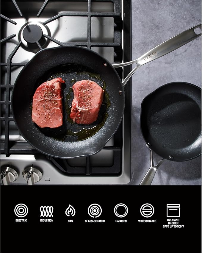 Babish 2 Piece 8 and 10 Inch Fry Pan Hard Anodized Laser Titanium Forever Non Stick Technology Durable Frying Pans Set - Black