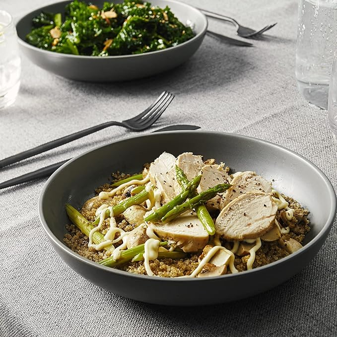 Y YHY Pasta Bowls Set of 6, Large Salad Serving Bowls, Porcelain Soup Bowls 30 Ounces, Wide and Flat, Microwave Dishwasher Safe, Matte Grey