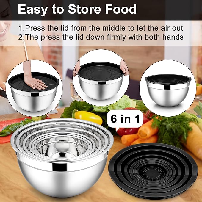 E-far Mixing Bowls with Lids, 12-Piece Stainless Steel Salad Bowls Metal Nesting Bowls for Baking Cooking and Prepping, Airtight Lids & Stackable Design, Size 7, 4.5, 3, 1.5, 1.2, 0.7 QT (Black)