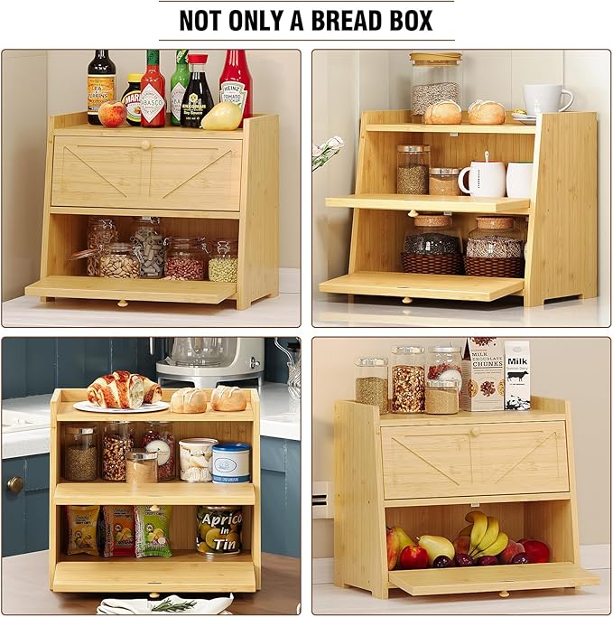 Vintage Double Layer Bread Box for Kitchen Counter Bamboo Bread Storage Container Large Capacity Bread Storage Bin (Natural Bamboo)