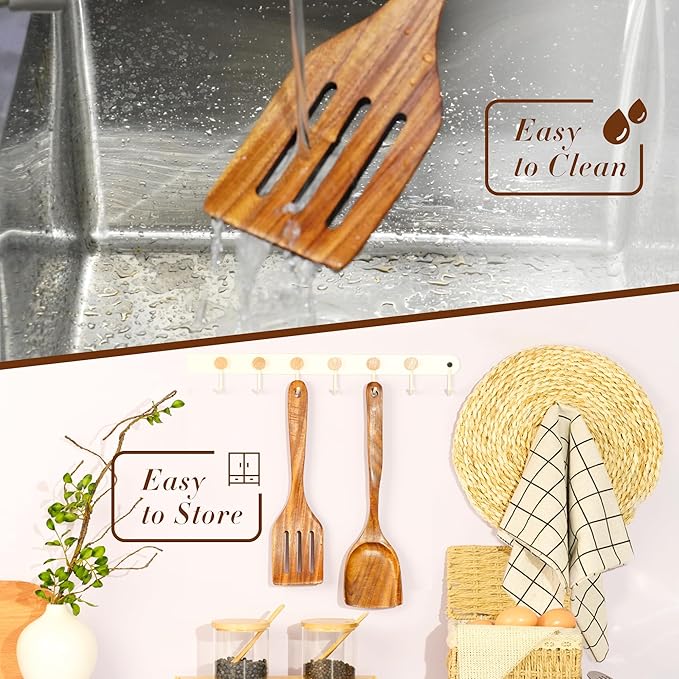 FJNATINH Wooden Slotted Spatula for Cooking, Nonstick Teak Slotted Turner, Flat Wooden Kitchen Cooking Spatula Turner for Frying Flipping Kitchen Utensil Pancake