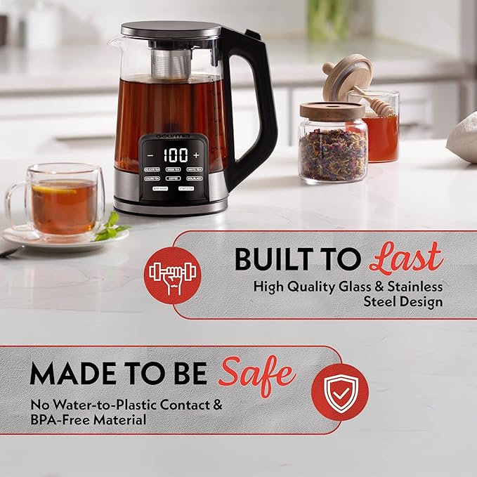 Gourmia Electric Programmable Glass Kettle – 1.7L Temperature Control Tea & Coffee Kettle with Digital Touch Display, 6 Presets, Keep Warm, Removable Stainless Steel Infuser, 360° Swivel Base – Green