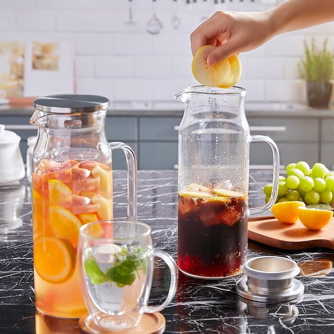 1.6 Liter 54 oz Glass Pitcher with Lid and Spout, Bivvclaz Glass Carafe Water Pitcher for Hot/Cold Water, Iced Tea, Drinks, Coffee, Juice and Homemade Beverage