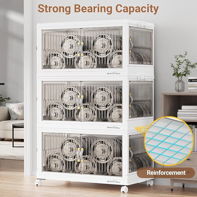 600QT Large Stackable Storage Bins with Lids, Plastic Closet Organizer and Storage Drawer, Collapsible Storage Box with Wheels, Folding Storage Cabinet with Doors for Home Kitchen, 5Pack White