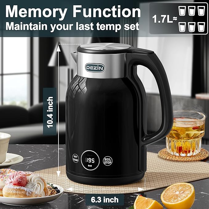 DEZIN Electric Kettle Temperature Control, 1.7L Stainless Steel Electric Tea Kettle with LED Display, 1200W Rapid Boil, 12H Keep Warm, 9 Presets Modes Hot Water Boiler Heater for Tea, Coffee, Black