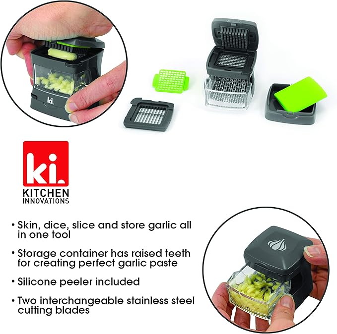 Garlic-A-Peel Garlic Press, Crusher, Cutter, Mincer, and Storage Container - Includes Silicone Garlic Peeler - Easy to Clean - Stainless Steel Blades – (Grey), standard