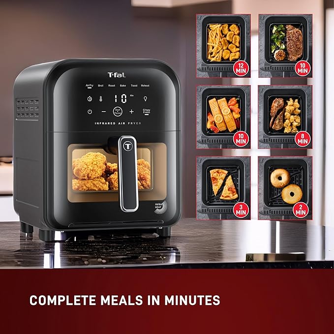 T-fal Infrared Air Fryer: 6 qt Digital Touch Screen, 7-in-1 Cooking Functions, 45-Seconds to reach 750Β°F on carbon fiber heater surface, No-Shake Technology, Crispy Finish, 1550W, Black