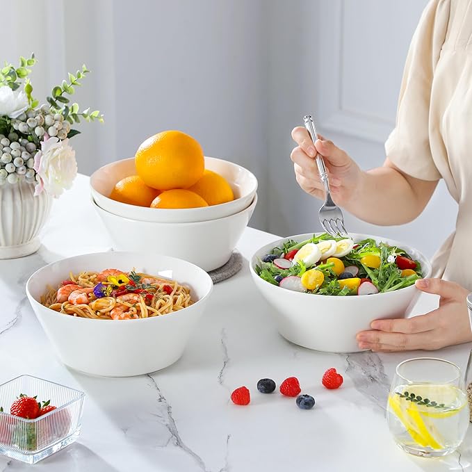 MALACASA Large Salad & Soup Bowls - Set of 4, 60 OZ Porcelain White Bowls for Ramen, Pasta, Pho - Microwave & Dishwasher Safe
