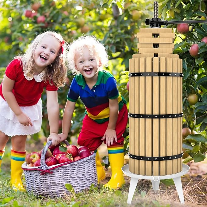 SQUEEZE master Fruit Press-7.9 Gallon/30L-Solid Wood Basket Wine Press-Vintage traditional juicer-6 Press Wooden Blocks-Pole Handle Bar for Juice,Wine,Cider-1 free filter bag included