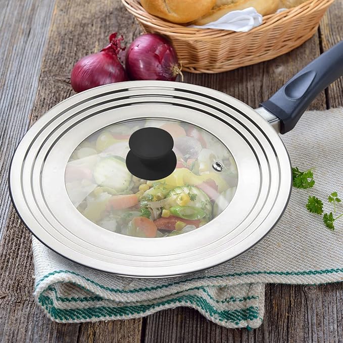 Universal Lid for Pots and Pans - One Size Fits All 8.25-12 Inch Pots Frying Pans Skillets Woks, Replacement Pot Lid with Upgraded Heavy Duty Heat Resistant Silicone Handle, Black