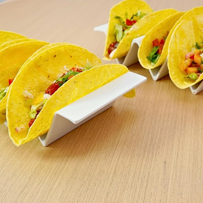 TP Taco Holder Stands, Set of 2 Melamine Large Taco Serving Rack Tray with Handle, Holds 3 Tacos, Dishwasher Safe, Ideal for Taco Night, Party, Home, Fiesta, White