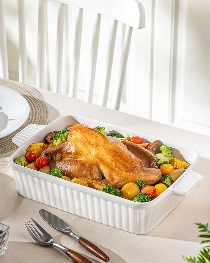 MALACASA 4.4 QT Baking Dish, 9x13 Large Casserole Dish for Oven, Ceramic Baking Pan, Rectangular Lasagna Pan Deep with Handles for Baking, Durable Microwave Oven Safe, Wedding Gift,White, Series BAKE-BAKE