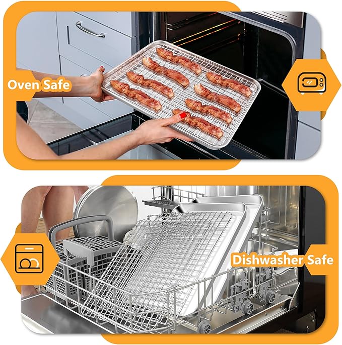 TeamFar Baking Pan with Rack Set (2 Pans + 2 Racks), Stainless Steel Cookies Sheet Baking Tray Pan with Grid Cooling Rack for Toaster Oven, Healthy & Heavy-Duty, Dishwasher Safe, 12.5 x 10 x 1 Inch