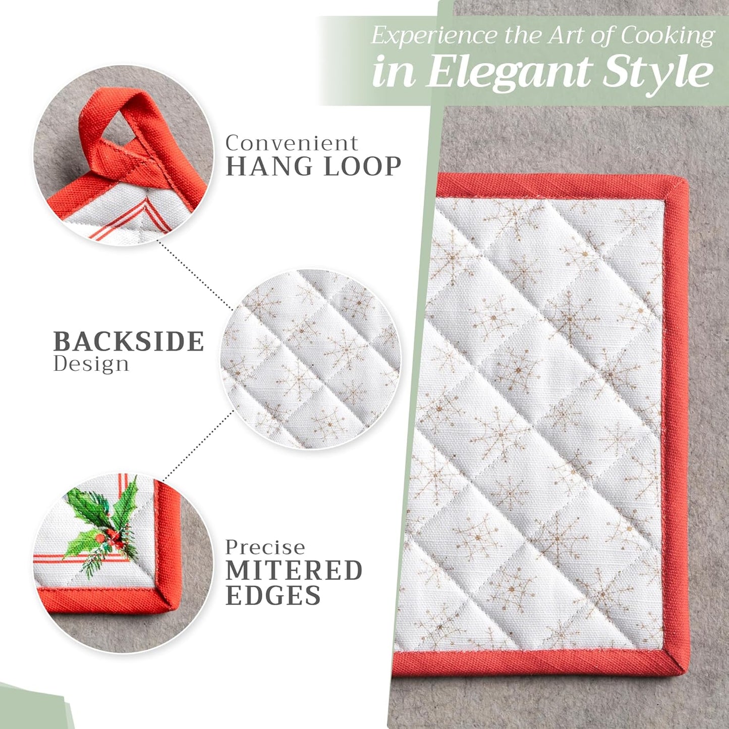 Maison d' Hermine 100% Cotton Oven Mitt & Pot Holder Set (7.5"x13" & 8"x8") Heat Resistant BBQ Cooking Gloves with Loop, Baking, Grilling, Kitchen, Handling Hot Pans (Chromo)