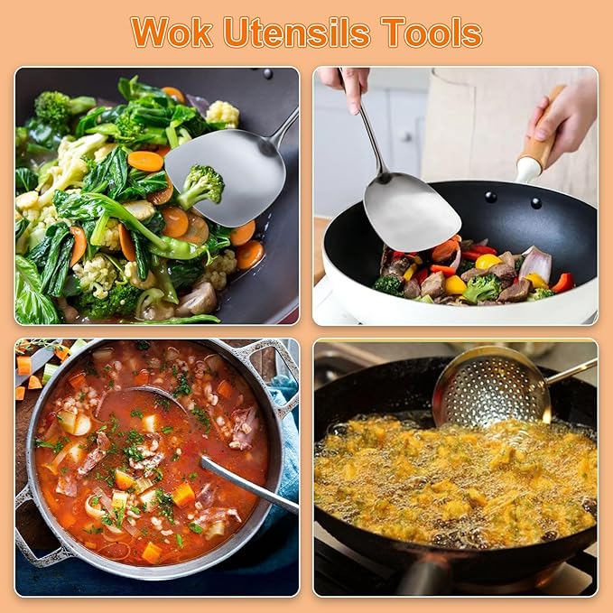FJNATINH 17inch Wok Spatula and Ladle, Skimmer Spoon, Slotted Turner Spatula Set 304 Stainless Steel Kitchen Utensils Sets, 4-Pieces Cooking Utensils Tools Wok Accessories