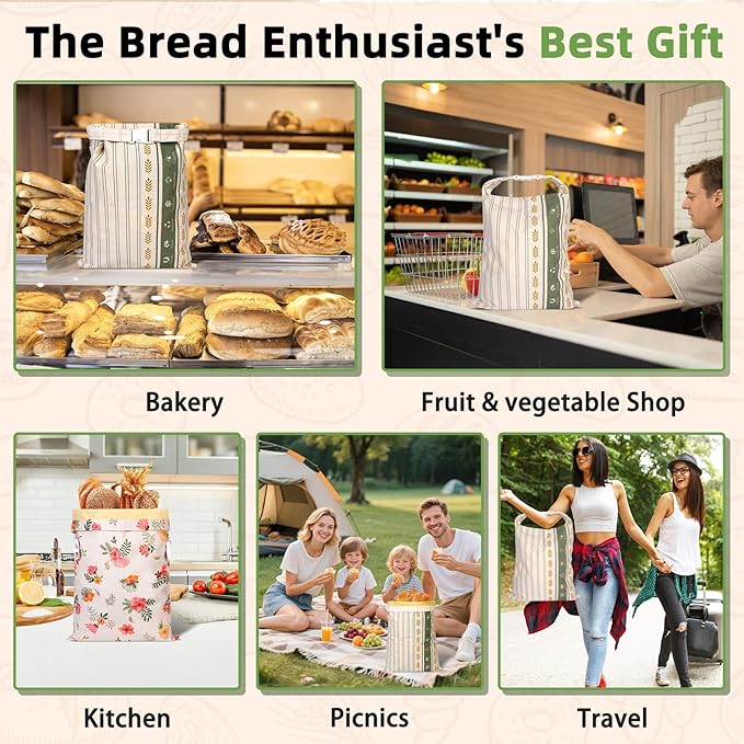 2 Pack Cotton Beeswax Bread Bags - Large Reusable Cotton Linen Food Storage Covers for Sourdough & Homemade Bread, Waxed Bags Keep Bread Fresh, Proofing Bag Freezer-Safe, Easy Clean