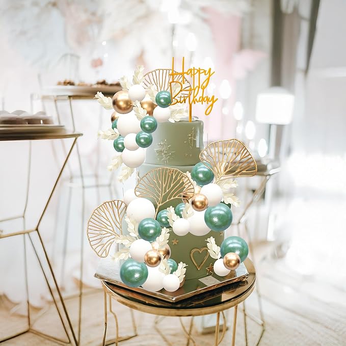 Gyufise 57Pcs Balls Cake Topper Boho Grass Cake topper Pearl Balls Acrylic Happy Birthday Cake Decorations for Wedding Baby Shower Birthday Boho Themed Party Supplies Pearl Green