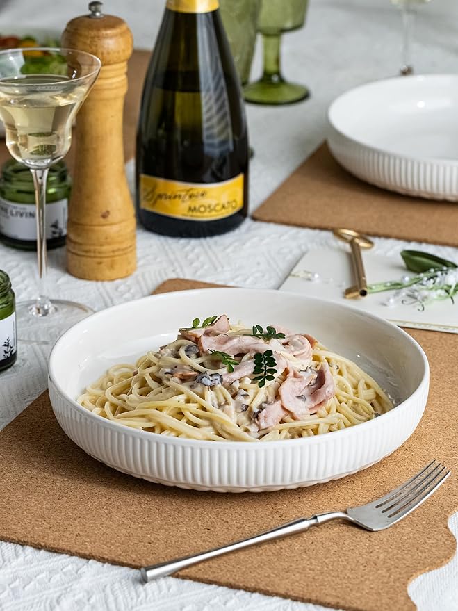 YHOSSEUN 9.75" Pasta Bowls Set of 4, 50 OZ Large Salad Serving Bowls Pasta Plates, White Soup Bowl for Kitchen Meal Prep, Ceramic Shallow Dishes Dinner Bowl, Clover Stripe