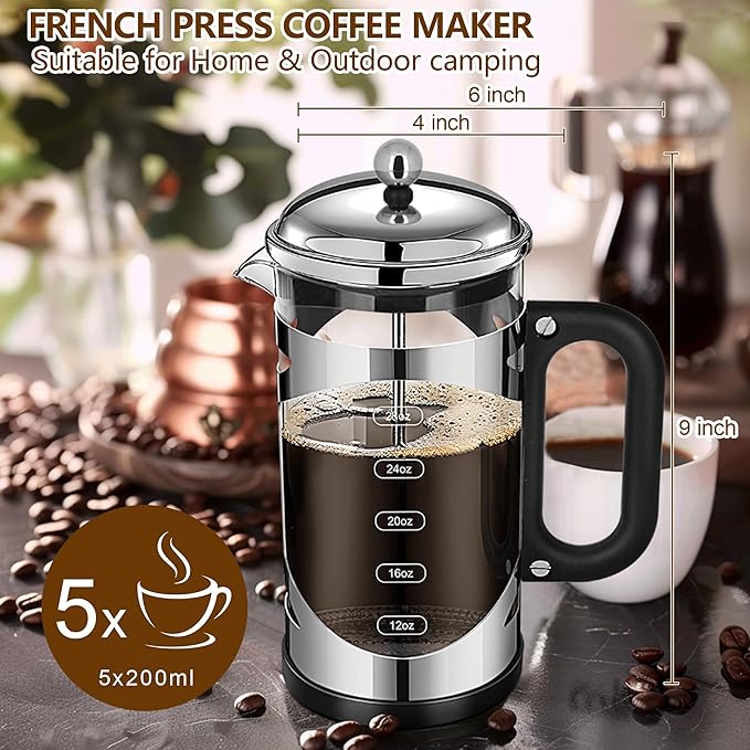 34 Ounce French Press Coffee Maker Chromium Stainless Steel Coffee Press, with 4-Level Filter System, Heat Resistant Thickness Borosilicate Glass, BPA-Free Brewed Coffee Pot for Camping Gifts