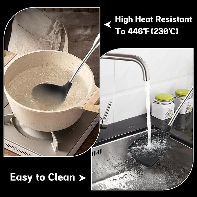 FJNATINH Silicone Wok Spatula and Ladle Set - Stainless Steel Wok Tools, Wok Utensil,Non Stick Heat-Resistant Cooking Utensils BPA Free Kitchen Utensils Cookware (Black Stainless Steel-2PCS)