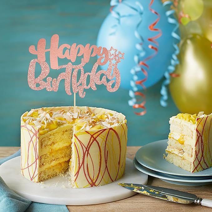 Ephlyn 1Pcs Happy Birthday Cake Topper Glitter Cake Pick for Celebrating Anniversary Theme Party Cake Decorations Supplies Rose Gold