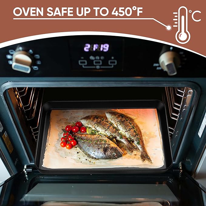 E-far Baking Sheet Set of 2, 16" x 12" x 1" Large Cookie Sheet Pan for Baking, Nonstick Carbon Steel Baking Trays for Oven, Heat-Resistant & Easy Clean, Black