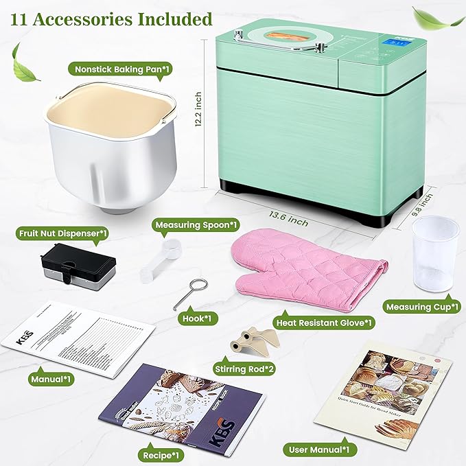 KBS 710W Convection Bread Maker Dual Heaters,2.2LB Bread Machine with Healthy Ceramic Pan&Auto Fruit Dispenser,17-in-1 Bread Maker Machine Gluten Free,Stainless Steel 15H Timer&Keep Warm, Touch Panel