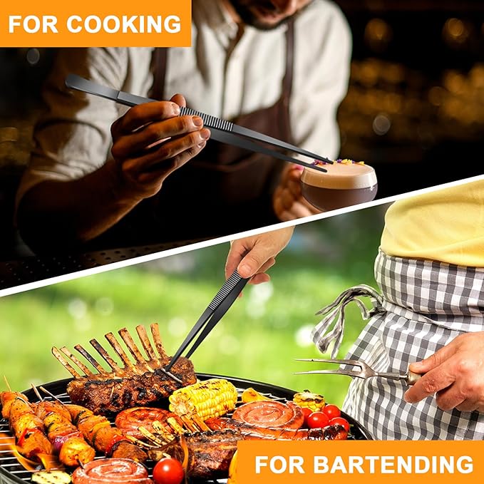 Yaomiao 4 Packs 8 Inch Bar Tweezers Black Long Garnish Tongs Stainless Steel Kitchen Cooking Tongs Tweezers for Food Cocktail Korean BBQ Bartender Chef, Multi-use