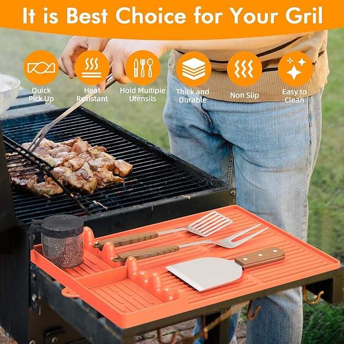 Griddle Mat Compatible with Blackstone, Silicone Grill Tools with Drip Pad, Spatula Mat for Outdoor Grill, Side Shelf Pad (Orange-2Pcs)