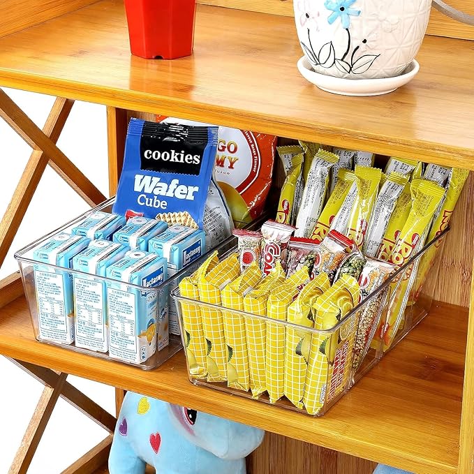 wilfox Pantry Organizer, 7 Pack Clear Organizer Bins with Removable Dividers, Pantry Organizers and Storage, Fridge Organizer and Cabinet Organizer for Snack, Pouches, Spice Packets