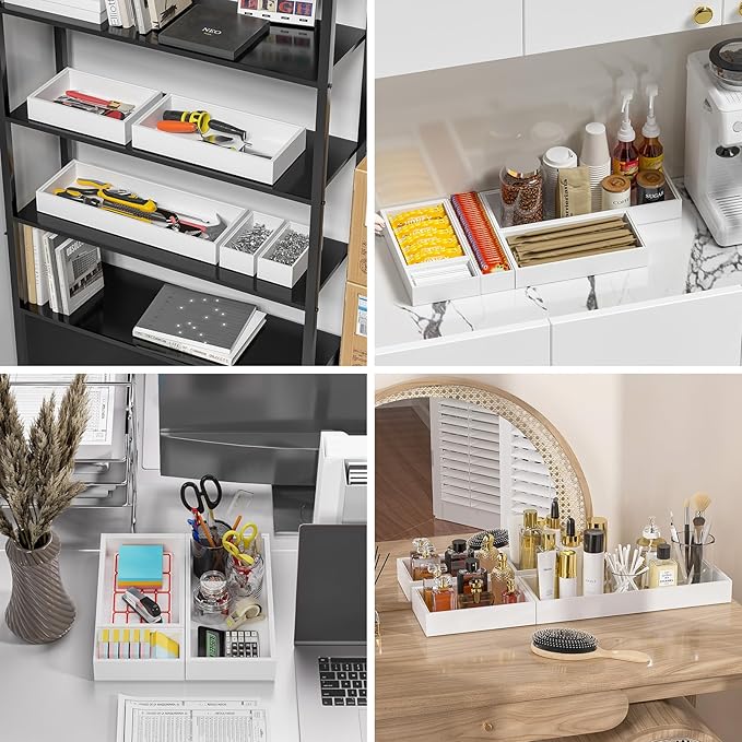 Bamboo Drawer Organizer, Extra Large Silverware Organizer for Kitchen Drawer, Stackable Utensil Organizer, 2 Pcs Toilet Tank Topper Tray, Wooden Toilet Paper Basket (White, 17 X 6 X 2 Inch)