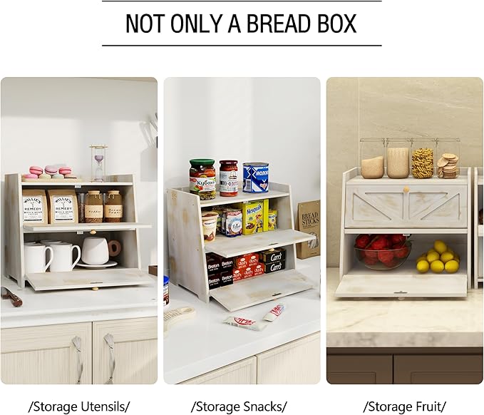 Vintage Double Layer Bread Box for Kitchen Counter Bamboo Bread Storage Container Large Capacity Bread Storage Bin (Antique White)