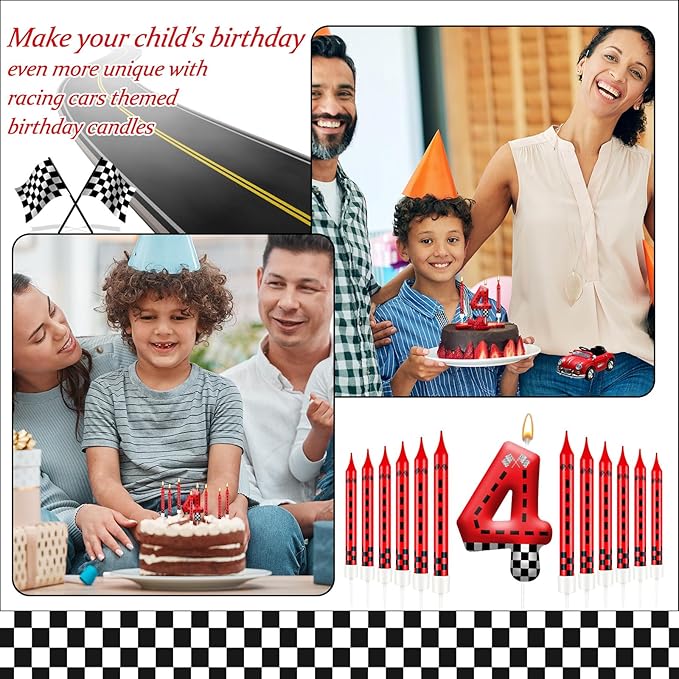 13PCS Racing Car Theme Birthday Candle Set with Checkered Flag Design - Durable Cake Topper for Race Car Party Decorations, Kids Birthday Supplies - Number 4 Candle for Racing-Themed Celebrations