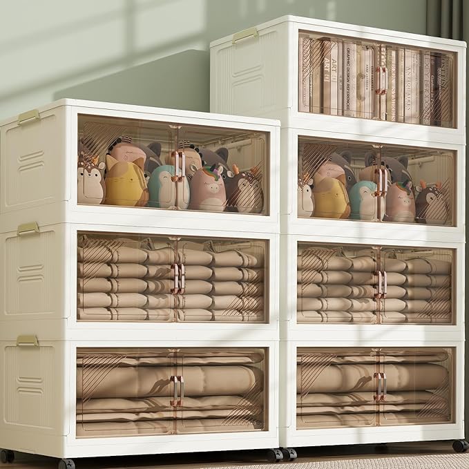 KHNR 4Packs Stackable Storage Bins with Lid, 36 Gal Closet Organizer and Storaging Drawer, Collapsible Storage Box with Wheels, Plastic Clothes Storage Cabinet Containers for Home and Office