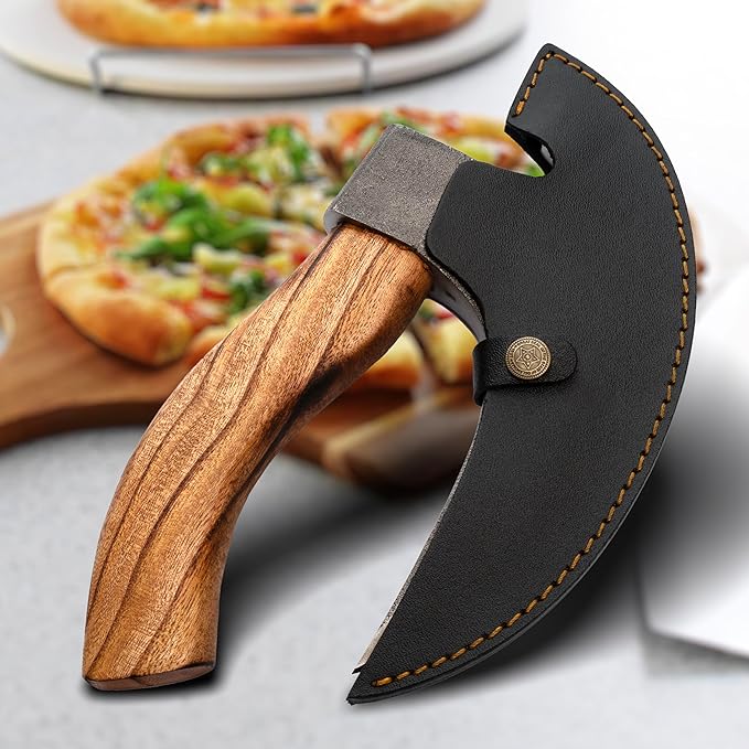 Handmade Viking Pizza Cutter Pizza Axe | Authentic Medieval Pizza Slicer with Ash Wooden Handle & Leather Sheath | Novelty Kitchen Tools for Pizza, Crust Cutting, and More