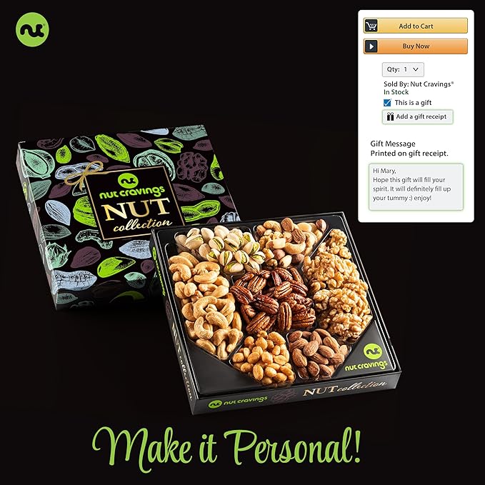 NUT CRAVINGS - Nut Collection Gift Basket in Elegant Box (7 Assortments) Food Arrangement, Healthy Snack Care Package, Food Assortments