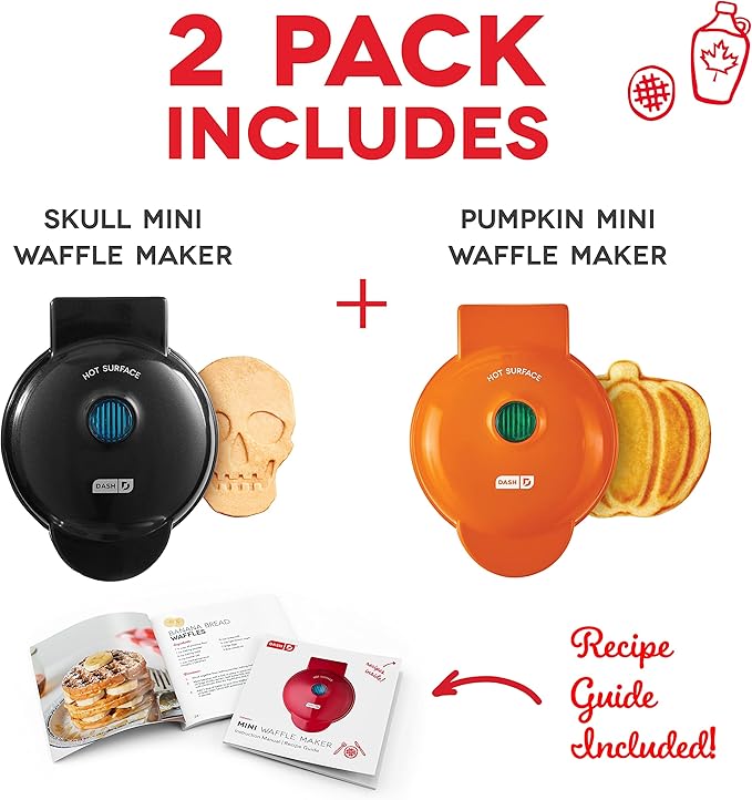 Dash Mini Waffle Maker (2 Pack) for Individual Waffles Hash Browns, Keto Chaffles with Easy to Clean, Non-Stick Surfaces, 4 Inch, Halloween, Black and Orange
