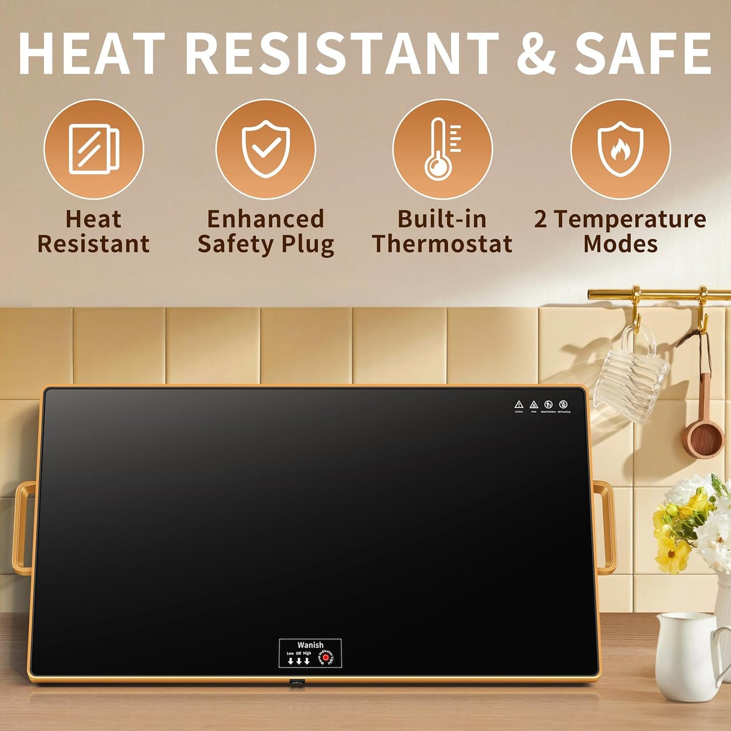 Electric Warming Tray (XXL 32”x18”),Food Warmers for Parties Buffet with Thermostat & Full Surface Heating, Tempered Glass Warming Mat for Food, Temperature Adjustable Gold Handles Food Warming Mat