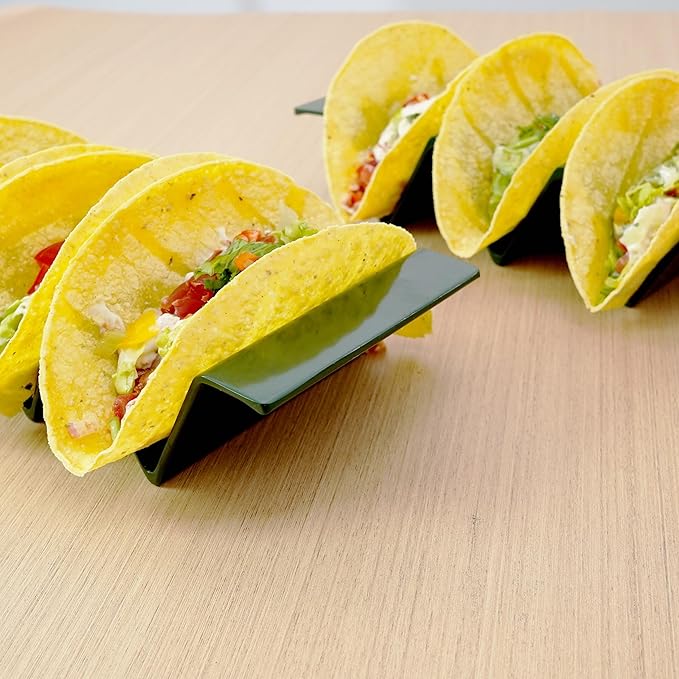 TP Taco Holder Stands, Set of 2 Melamine Large Taco Serving Rack Tray with Handle, Holds 3 Tacos, Dishwasher Safe, Ideal for Taco Night, Party, Home, Fiesta, Green