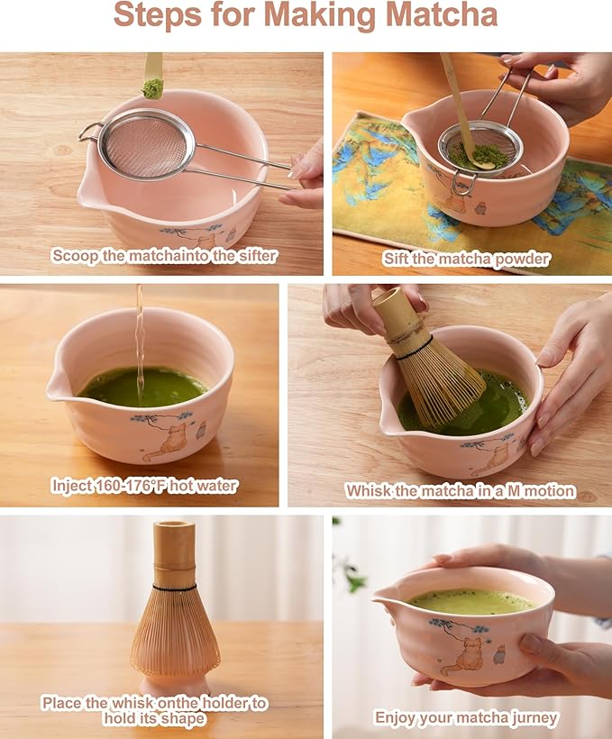Matcha Whisk Set, Ceramic Matcha Set Includes Matcha Bowl, Matcha Whisk and Holder, Bamboo Scoop, Scoop Rest, Sifter and Tea Towel - 7 Pcs Matcha Kit(Pink)
