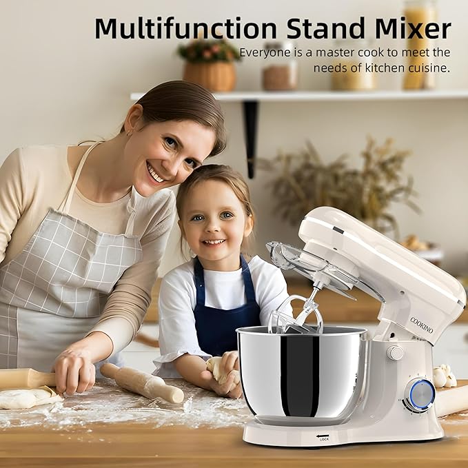 Electric Stand Mixer,10 Speeds Tilt-Head Food Mixer, 3-IN-1 Kitchen Mixer for Daily Cooks with 6.5 QT Bowl,Dough Hook, Beater, Whisk (Almond Cream)