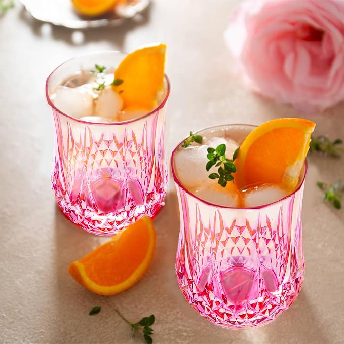 24 PCS Pink Unbreakable Stemless Wine Glasses,9OZ Vintage Colored Plastic Reusable Cups Drinking Glass Goblets Tumblers for Whisky, Beer, Juice, Beverages, Cocktail