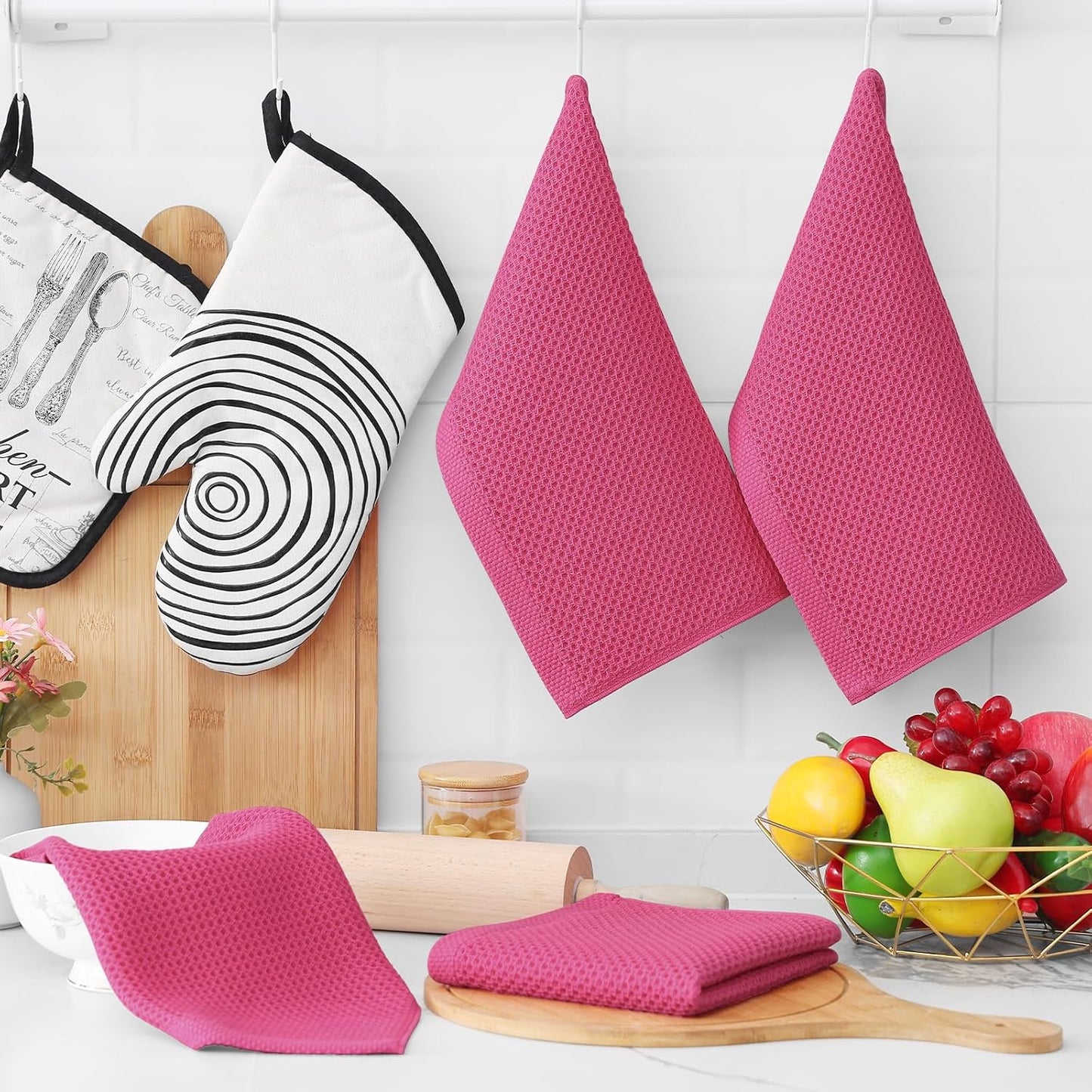 Homaxy 100% Cotton Waffle Weave Kitchen Dish Cloths, Ultra Soft Absorbent Quick Drying Dish Towels, 12 x 12 Inches, 8-Pack, Hot Pink