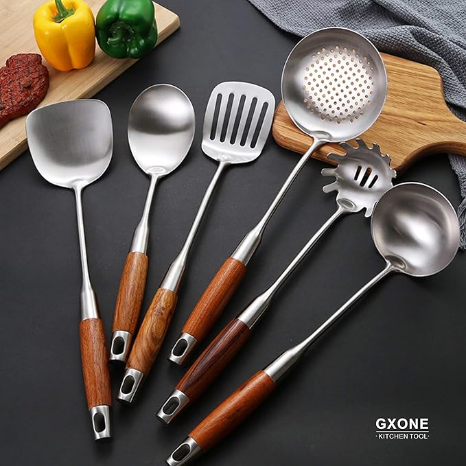 Large Serving Spoons,304 Stainless Steel Cooking Spoon with Heat Resistant Wooden Handle,Silver/12.4Inch