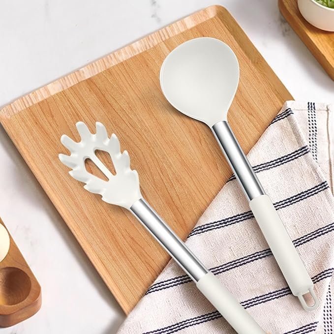 TeamFar Silicone Soup Ladle and Pasta Fork Set, 2 Pcs Large Nonstick Kitchen Cooking Utensils with Stainless Steel Handle for Draining, Serving Soup, Sauce, Spaghetti, Non-Toxic & Heat-Proof, White