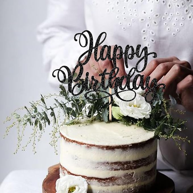 ZHUOWEISM 1 PCS Happy Birthday Cake Topper Glitter Happy Birthday Cake Pick Bunting Decor for Anniversary Celebrating Happy Birthday Party Cake Decorations Supplies Black
